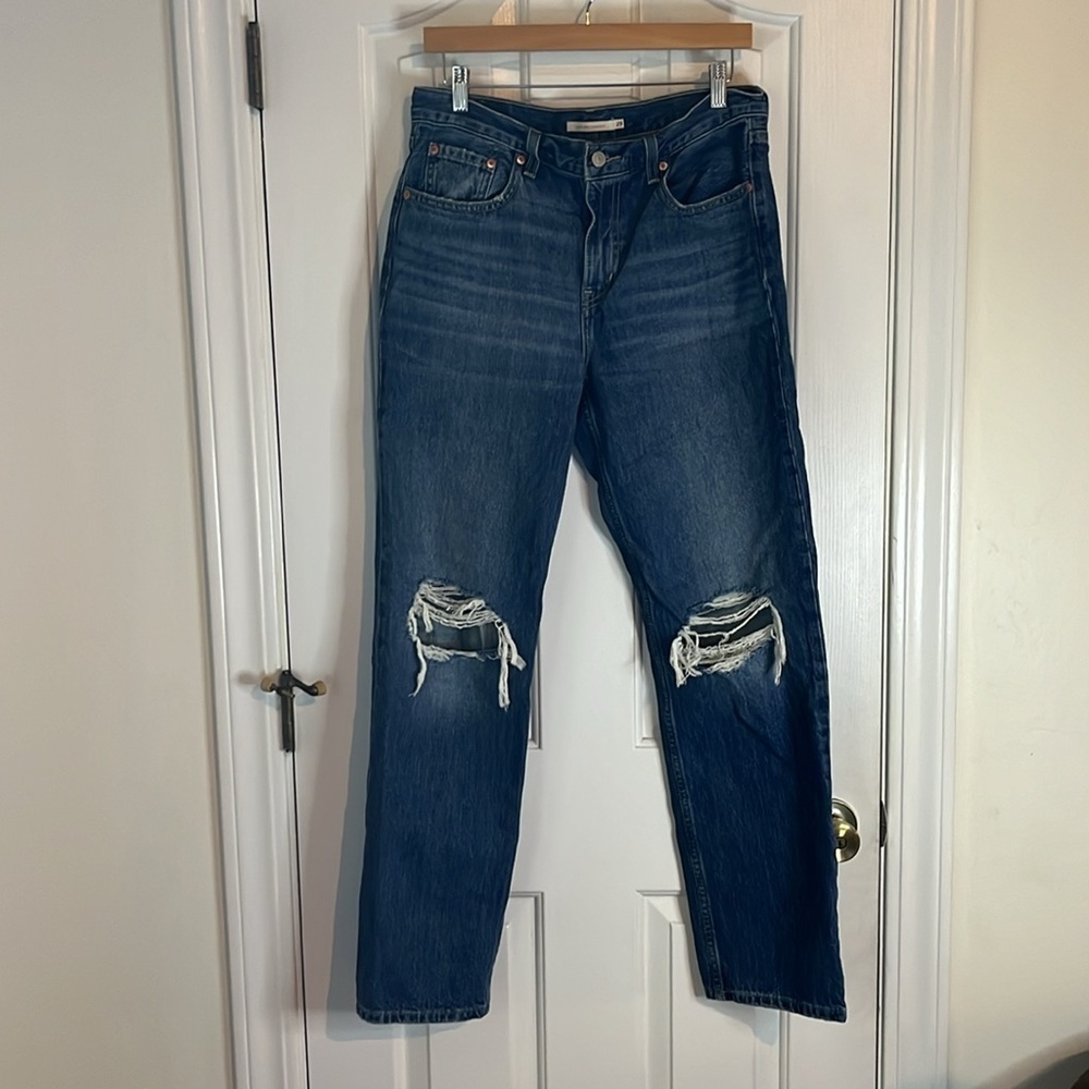 Levis | Low Pro Straight Denim Jeans Size 29/8 Midwash Distressed Knees 90s Y2k - Picture 4 of 11